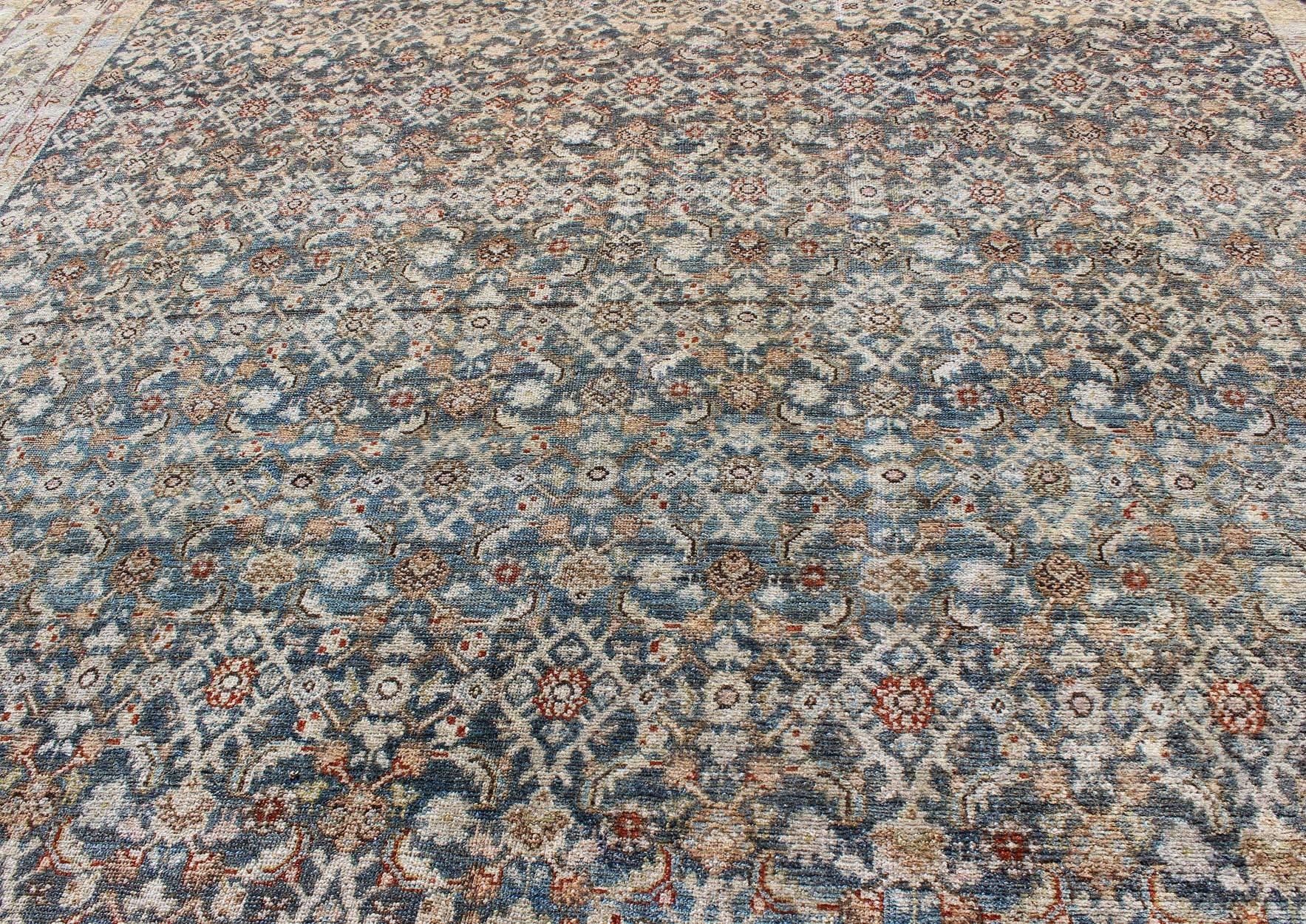 Wool Persian Antique Malayer Rug with Exquisite Design in Blue, Gray, Teal & Ivory For Sale