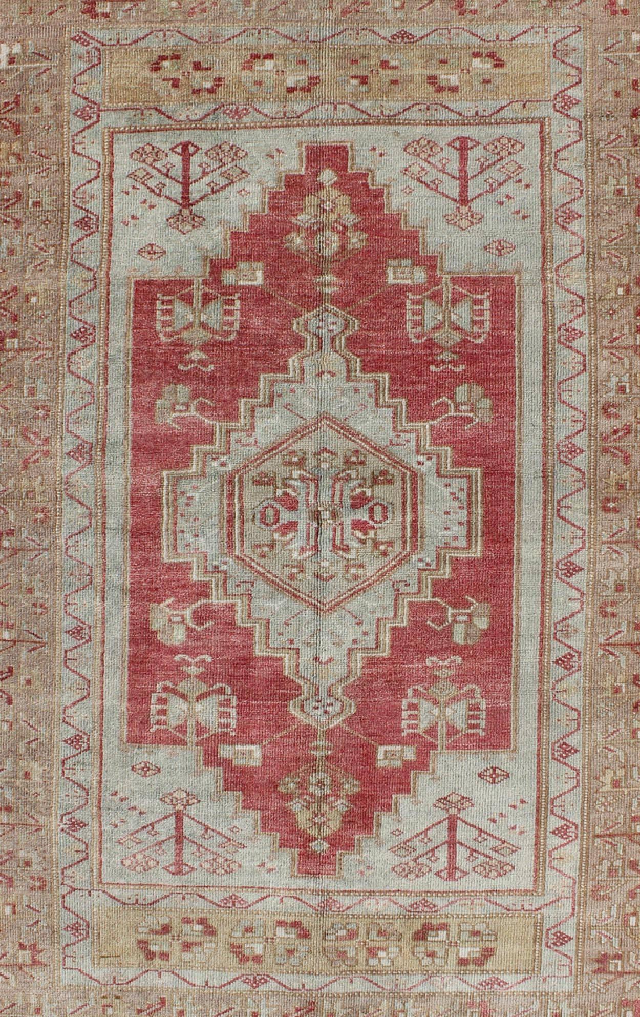 Hand-Knotted Turkish Antique 1930's Oushak Rug with Geometric Motifs  For Sale
