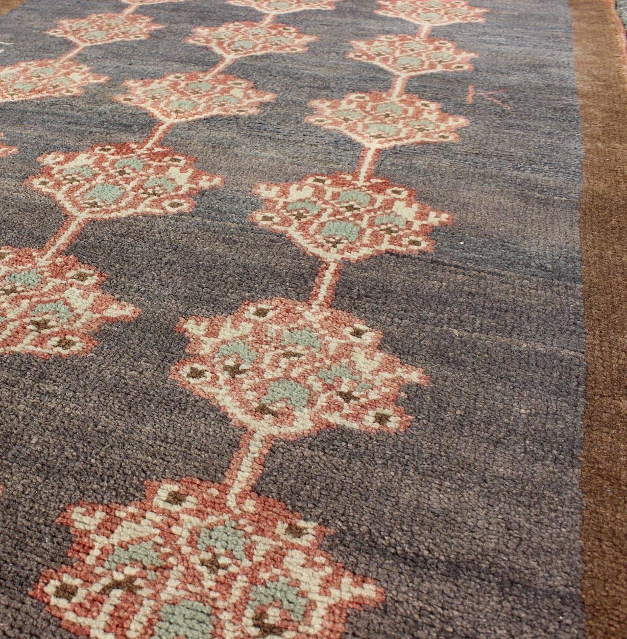 20th Century Vintage Turkish Tulu Carpet with Three Rows of Flowers on Gray & Charcoal Field For Sale