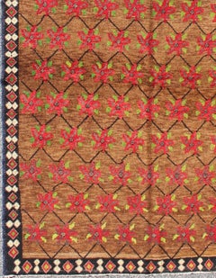 Vintage Turkish Oushak Rug with Repeating Crimson Stars on Golden Brown Field