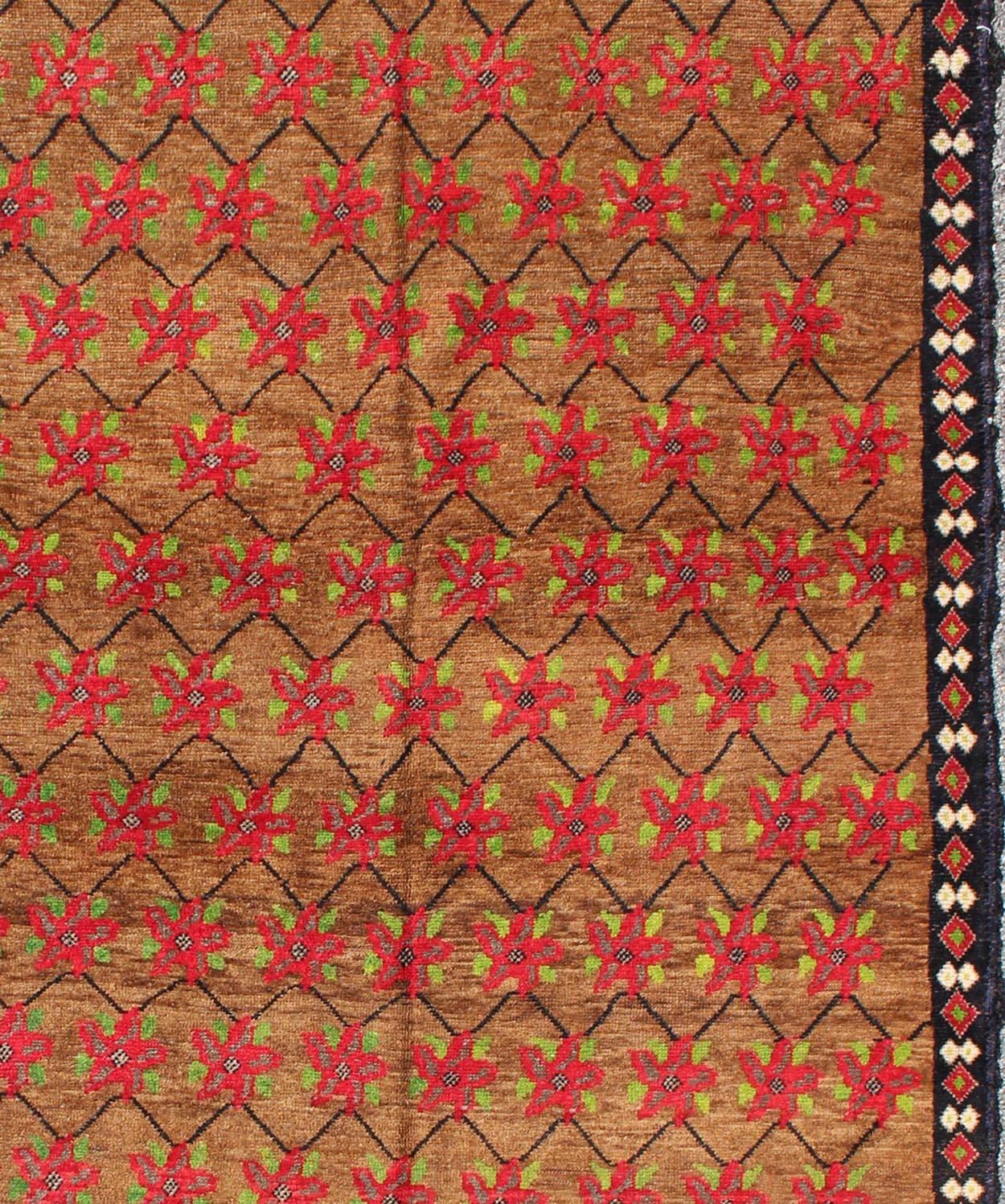 Turkish Oushak  with Poinsettia Design Set Atop Light Brown Background In Excellent Condition For Sale In Atlanta, GA