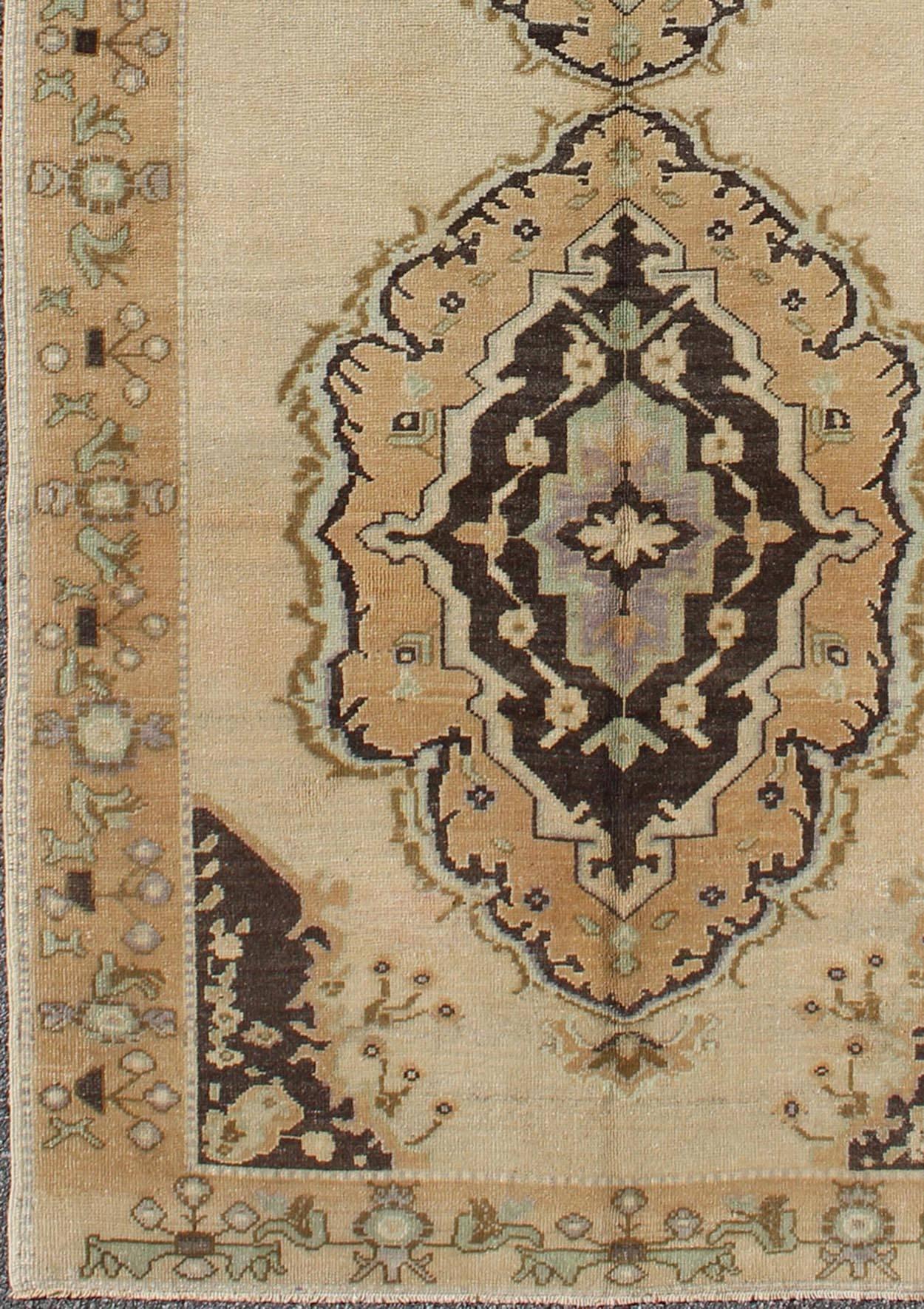 Hand-Knotted Vintage Turkish Oushak Gallery Rug with Two Medallions in Taupe, Brown and Cream For Sale