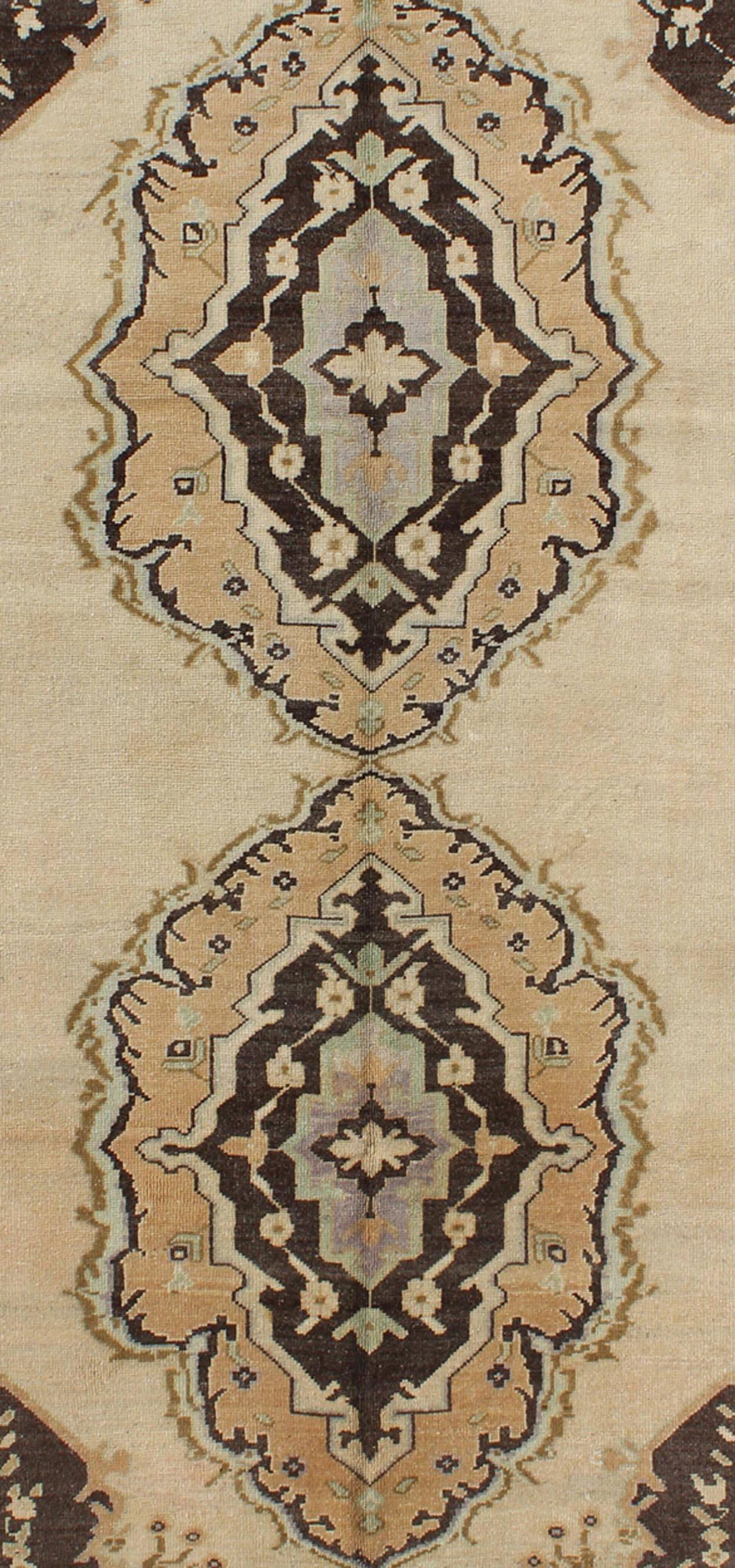 Vintage Turkish Oushak Gallery Rug with Two Medallions in Taupe, Brown and Cream In Good Condition For Sale In Atlanta, GA