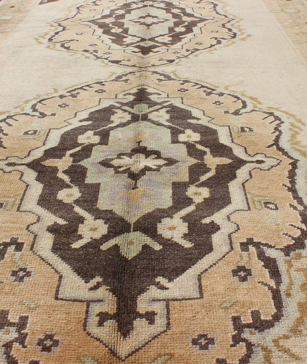Vintage Turkish Oushak Gallery Rug with Two Medallions in Taupe, Brown and Cream For Sale 1