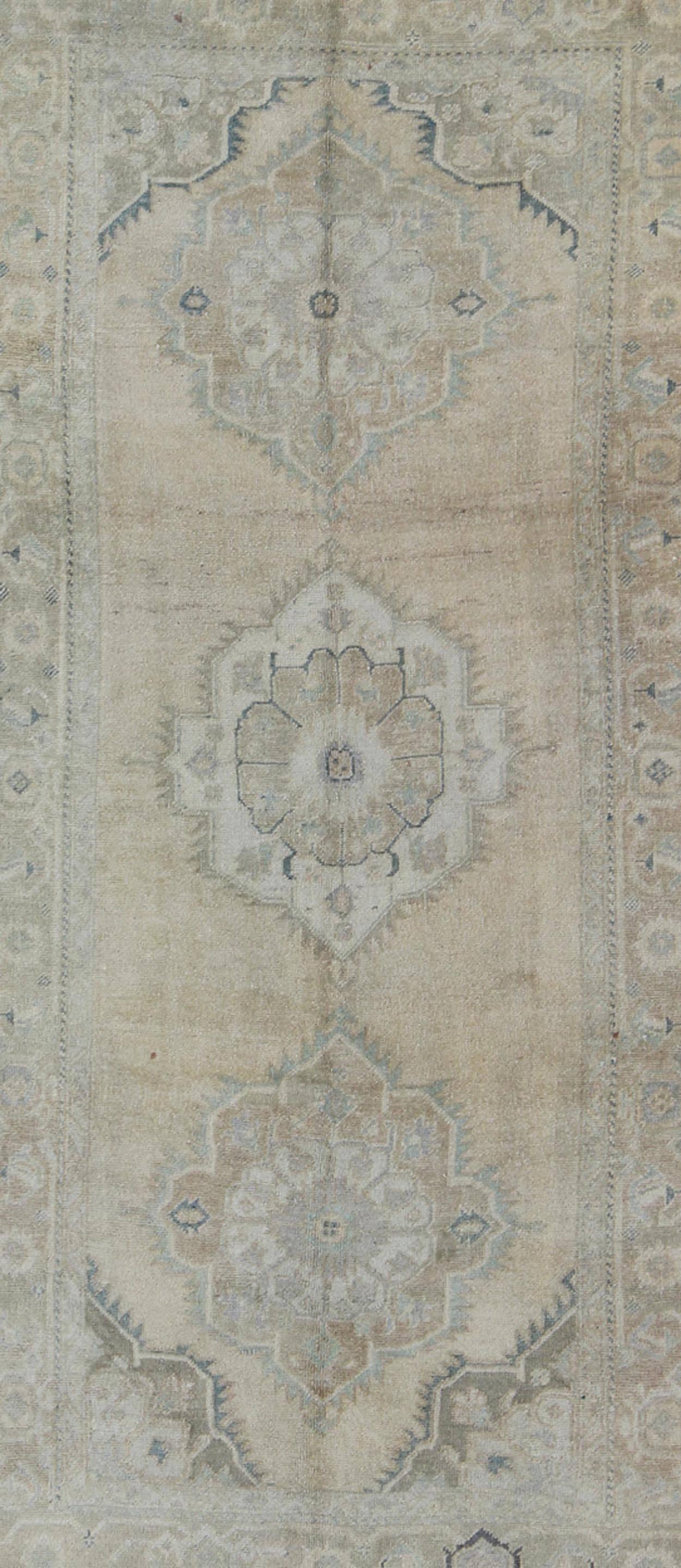 Hand-Knotted Vintage Turkish Oushak Rug with Three Central Medallions in Taupe and Light Blue