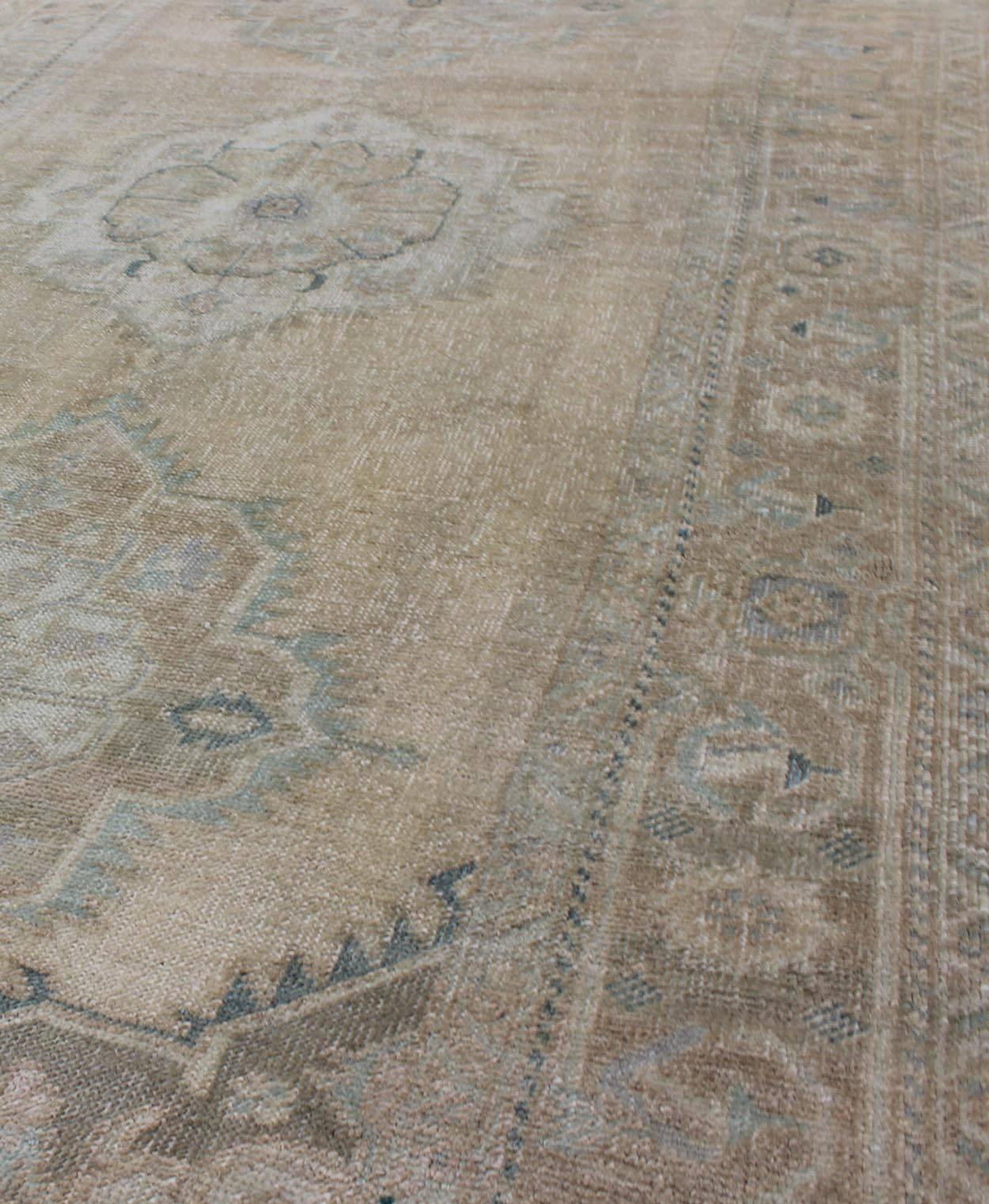 20th Century Vintage Turkish Oushak Rug with Three Central Medallions in Taupe and Light Blue