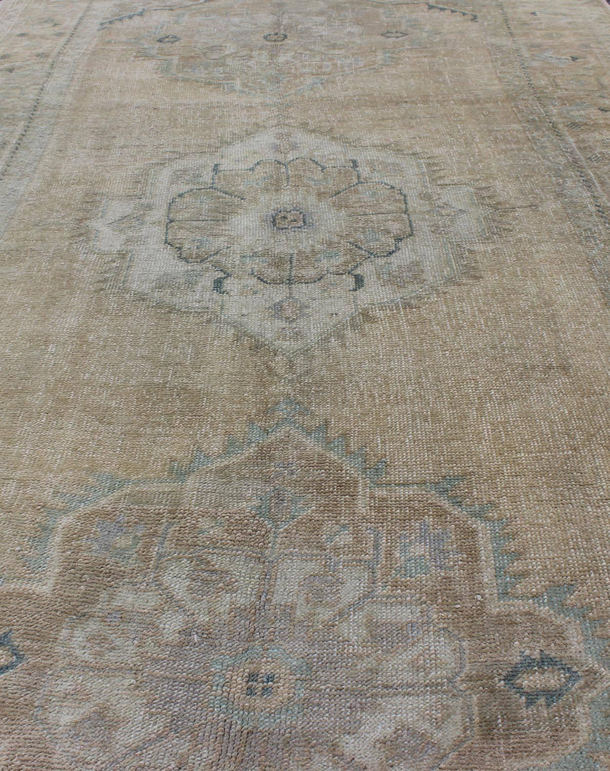 Wool Vintage Turkish Oushak Rug with Three Central Medallions in Taupe and Light Blue