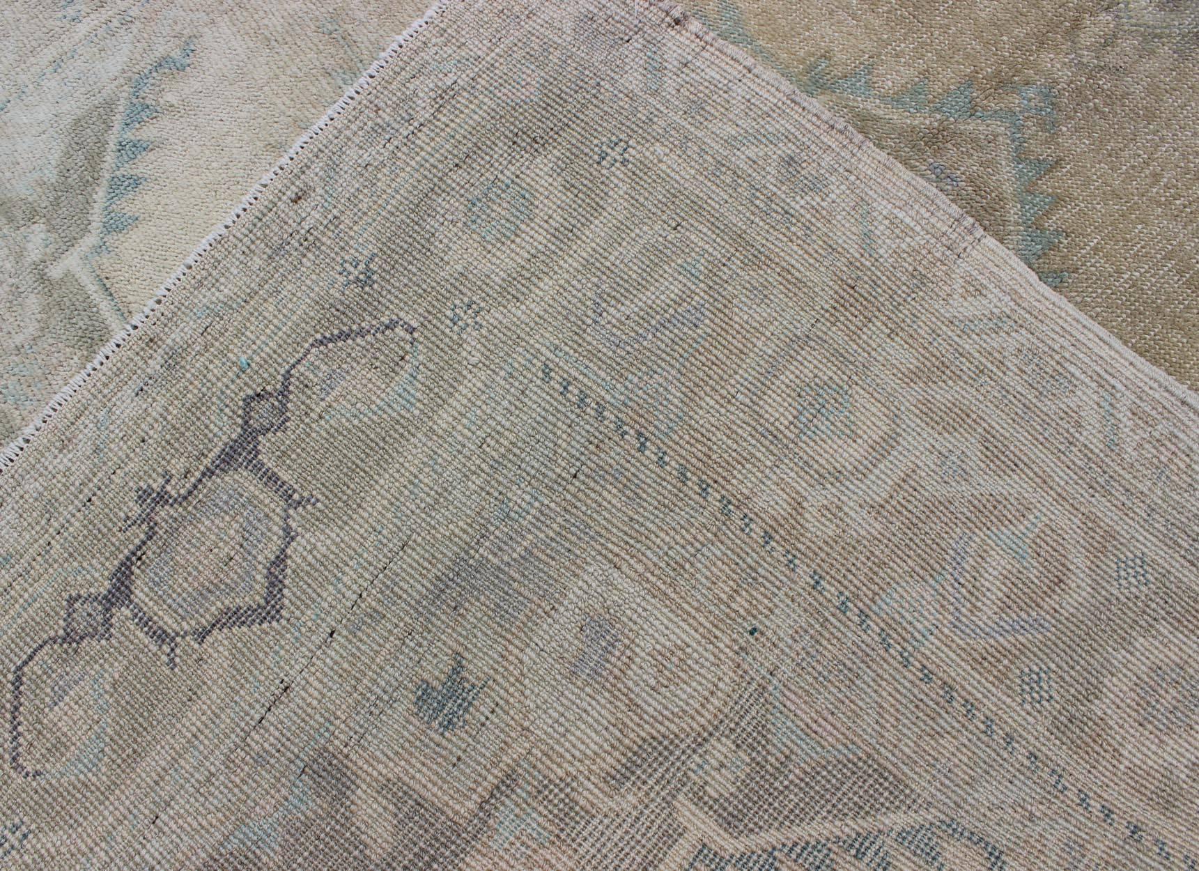 Vintage Turkish Oushak Rug with Three Central Medallions in Taupe and Light Blue 1