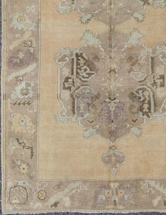 Vintage Turkish Oushak Gallery Rug in Soft Camel, Taupe, and Muted Blue Tones
