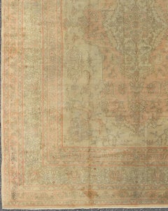 Antique Oushak Medallion Carpet in Light Green & Salmon