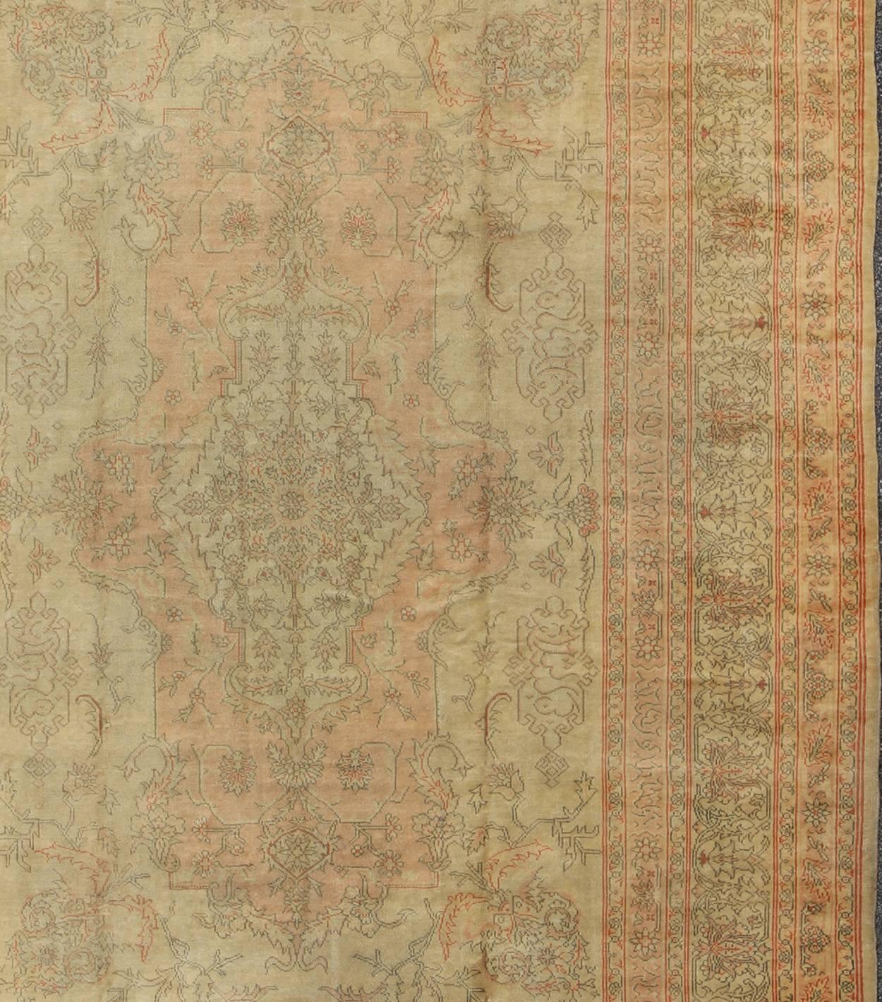 Hand-Knotted  Antique Oushak Medallion Carpet in Light Green & Salmon For Sale