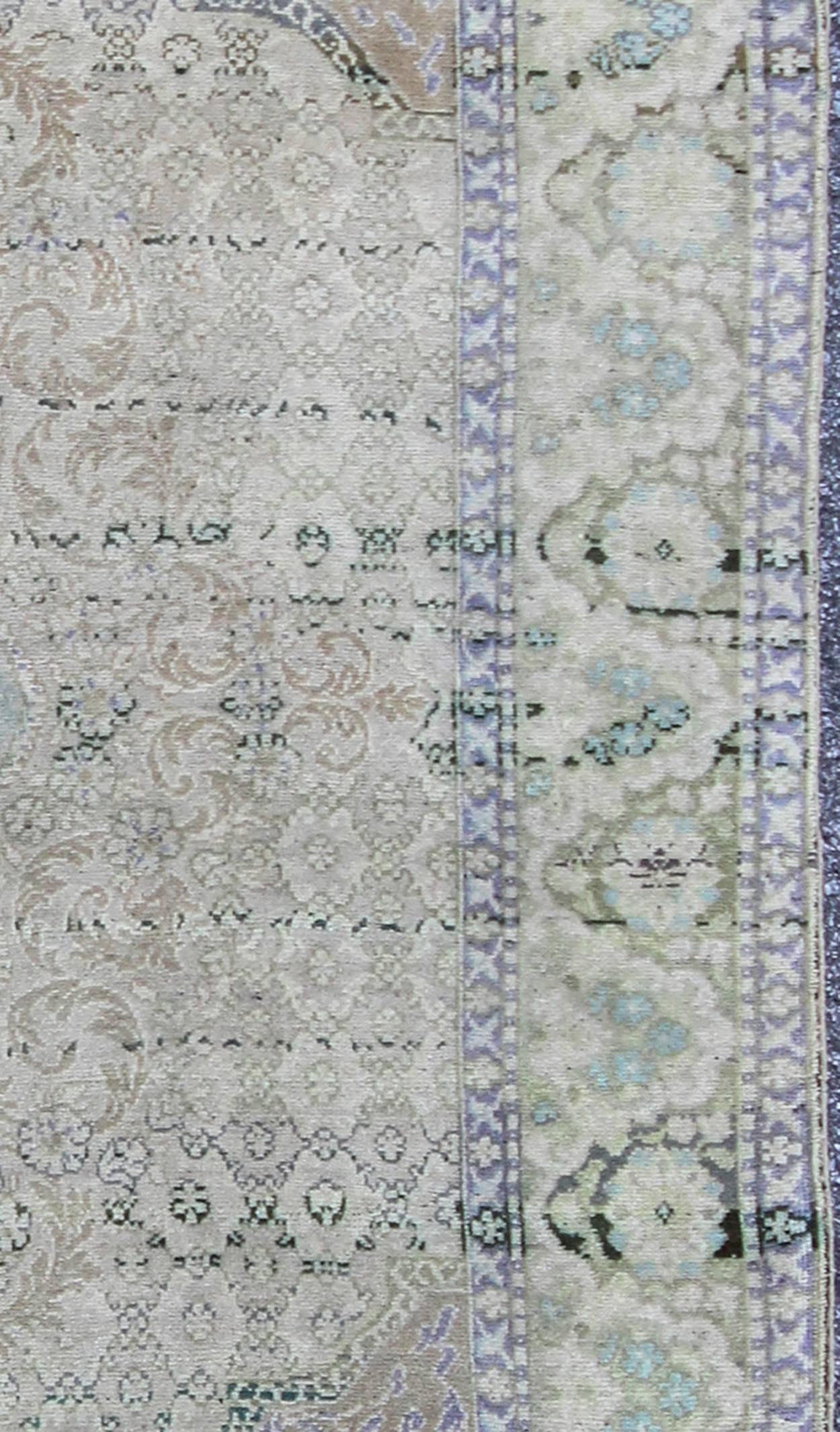 Hand-Knotted Vintage Turkish Rug with European Design in Various Shades of Lavender and Green For Sale