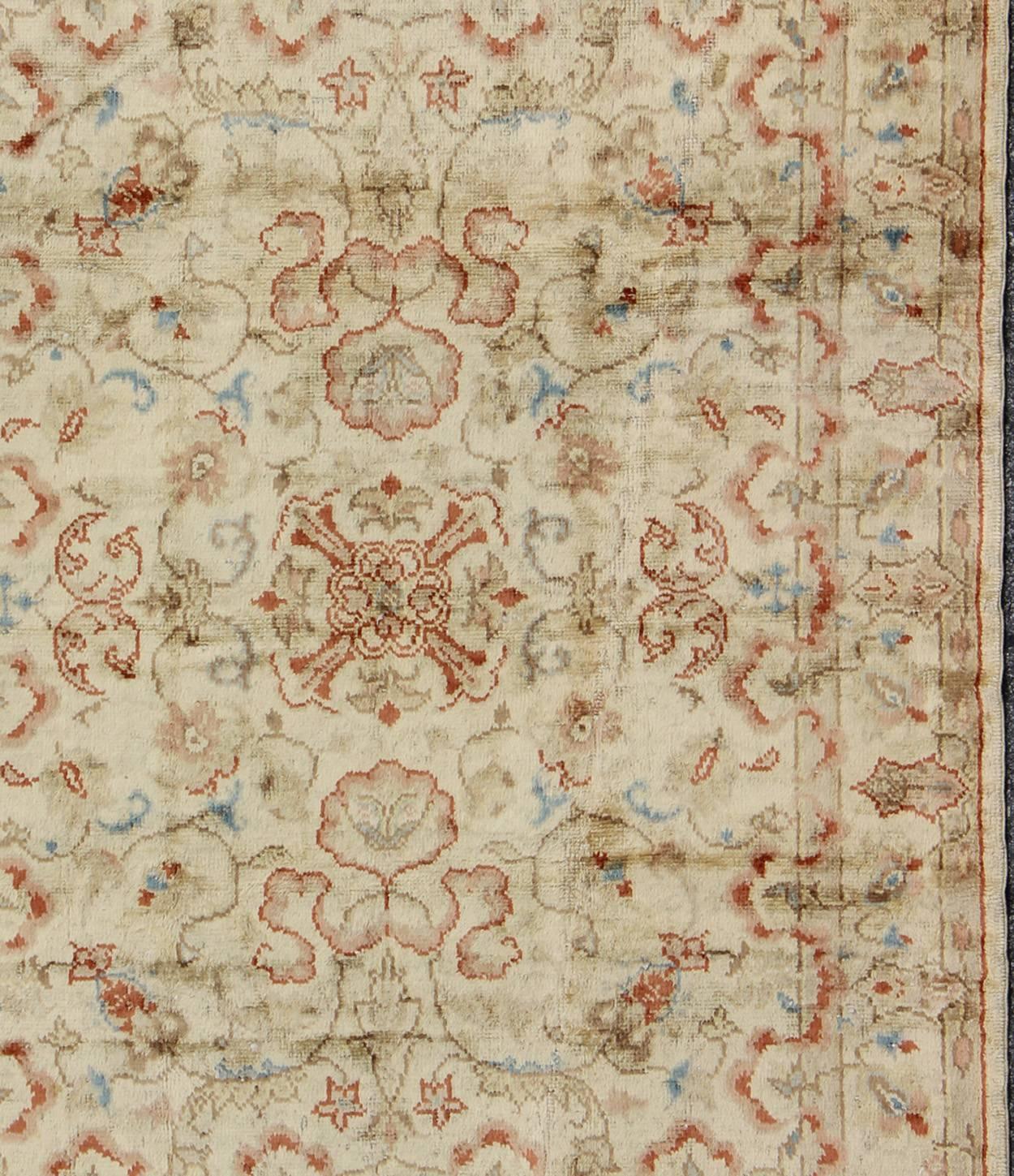 Hand-Knotted Square Vintage Oushak Rug with All-Over Floral Design in Butter, Red, Lt. Green