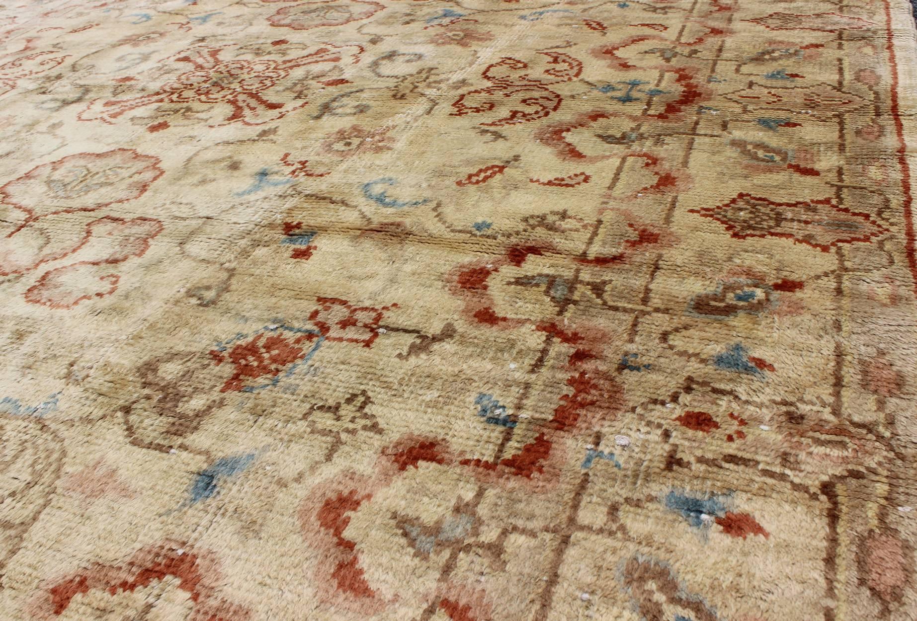 Square Vintage Oushak Rug with All-Over Floral Design in Butter, Red, Lt. Green In Good Condition In Atlanta, GA