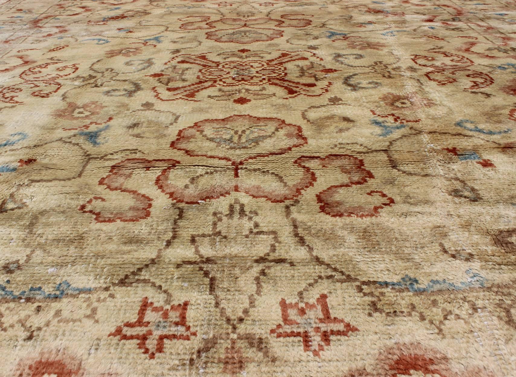 Mid-20th Century Square Vintage Oushak Rug with All-Over Floral Design in Butter, Red, Lt. Green