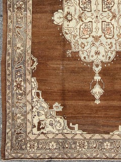 Vintage Turkish Oushak Rug with Floral Motifs in Chocolate Brown, Ivory, Taupe