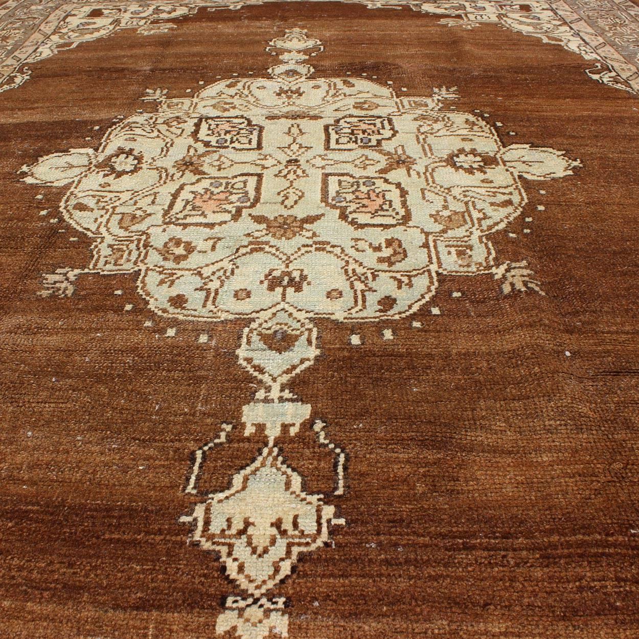 Wool Vintage Turkish Oushak Rug with Floral Motifs in Chocolate Brown, Ivory, Taupe For Sale