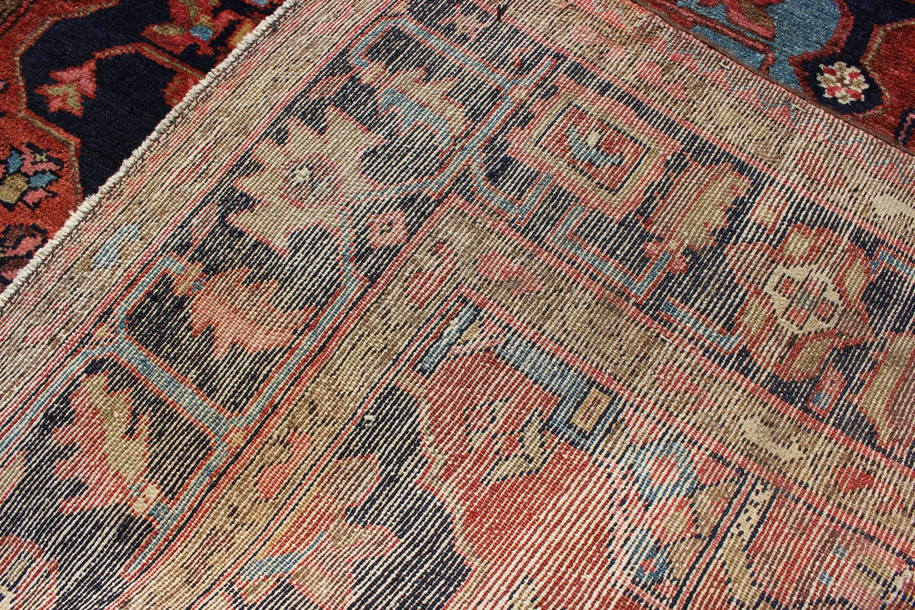Tribal Antique Rare Persian Khamseh Rug in  Ink Blue and Terra Cotta For Sale