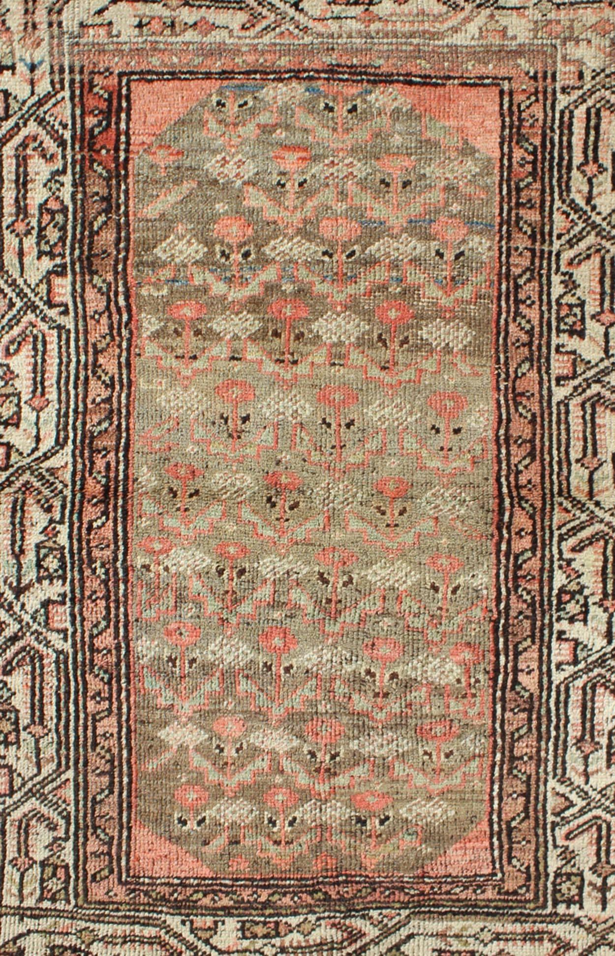 Hand-Knotted Antique Persian Hamadan Carpet with Tribal Designs in Taupe, Ivory and Orange