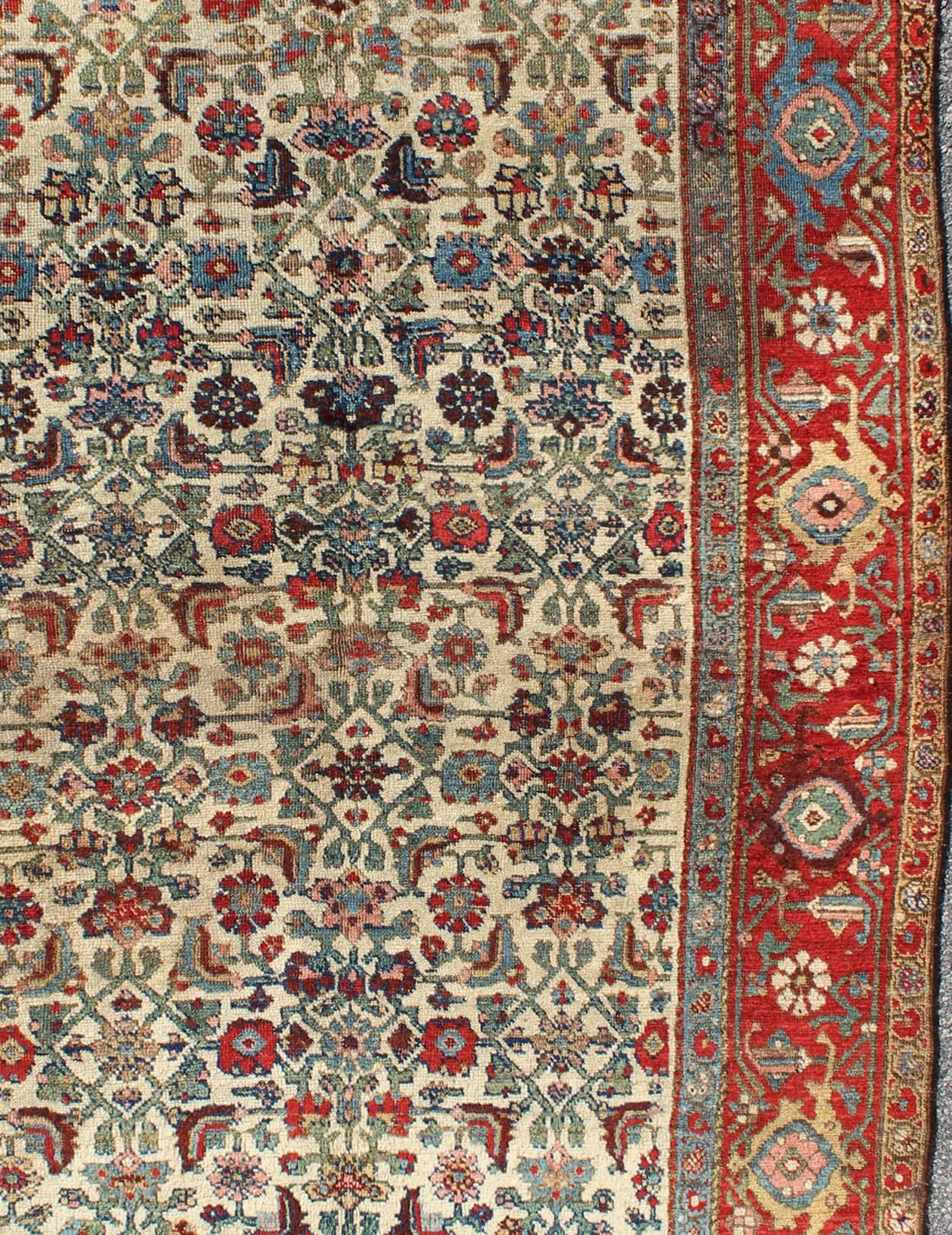 Hand-Knotted Antique Persian Bidjar Carpet with Ivory, Rose, Green, Blue and Aubergine For Sale