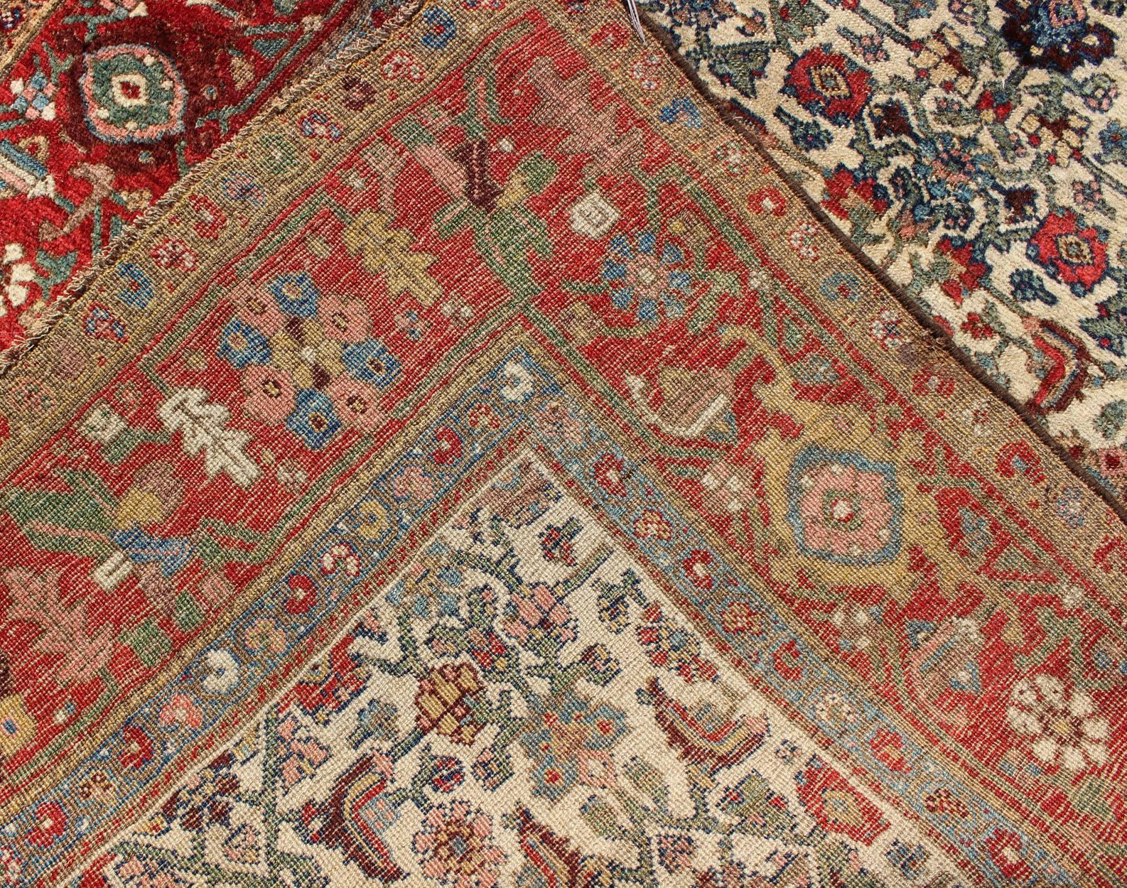 Wool Antique Persian Bidjar Carpet with Ivory, Rose, Green, Blue and Aubergine For Sale
