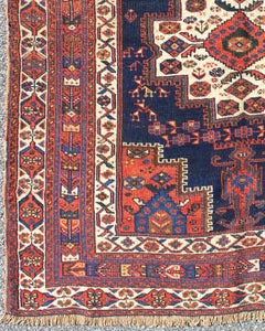 Antique Persian Afshar Carpet with Stylized Chrysanthemums and Vase Design