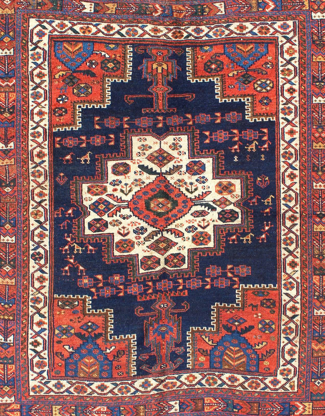 Tribal Antique Persian Afshar Carpet with Stylized Chrysanthemums and Vase Design