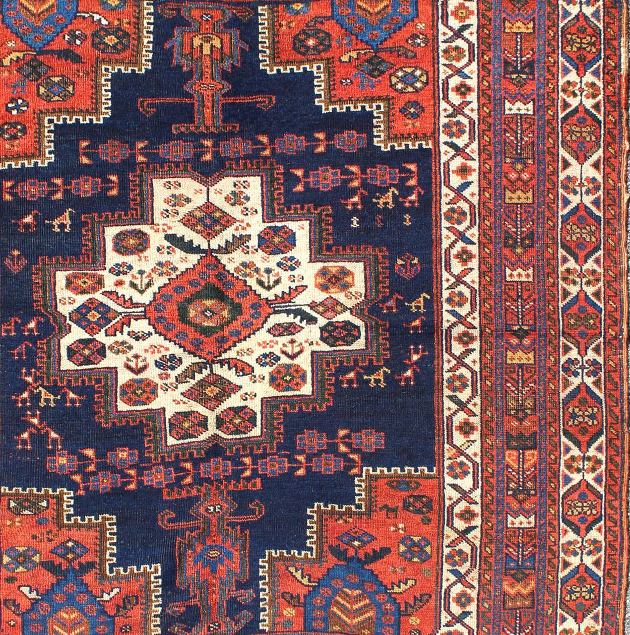 Hand-Knotted Antique Persian Afshar Carpet with Stylized Chrysanthemums and Vase Design