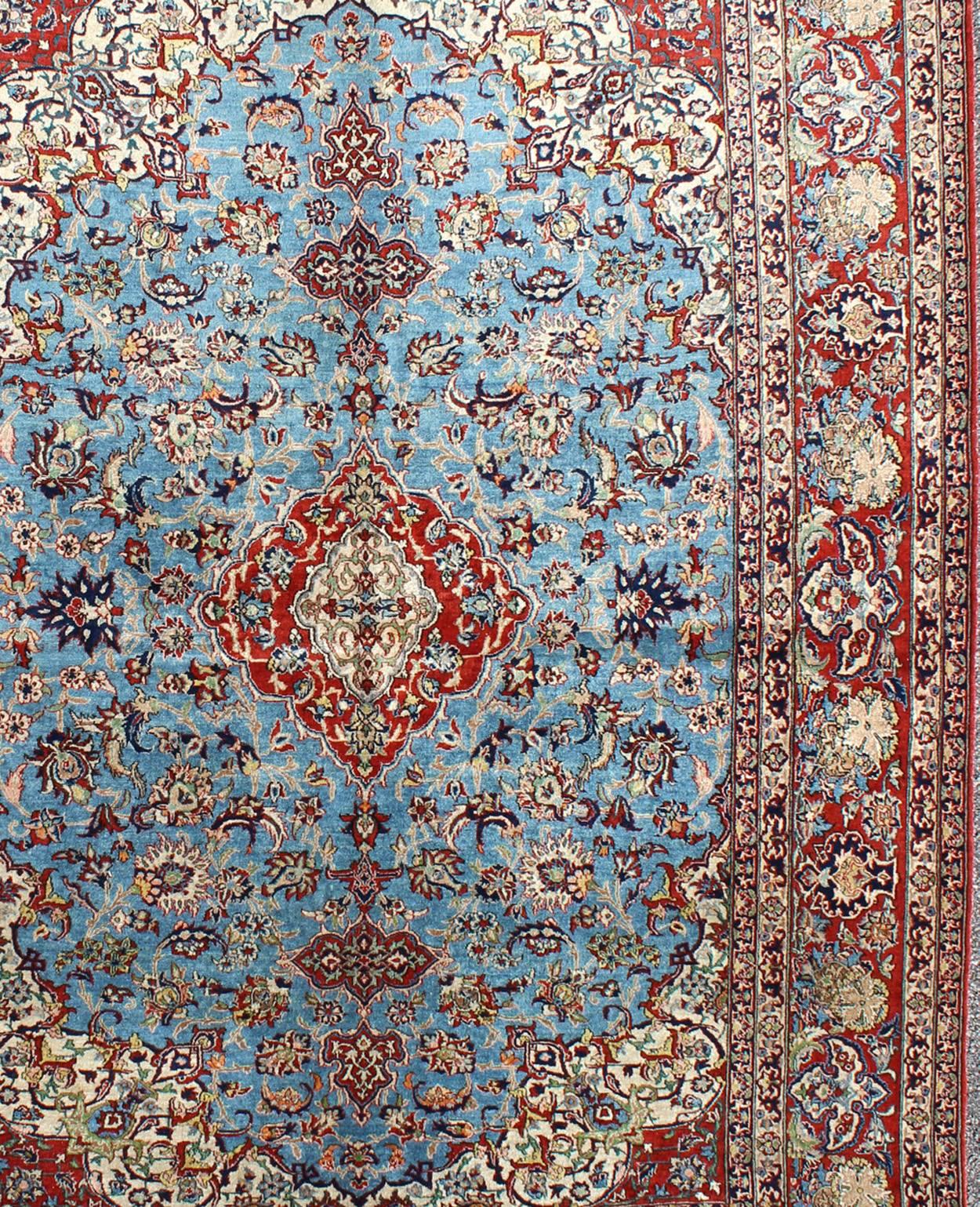 Tabriz Very Fine Persian Isfahan Rug with Intricate Florals in Persian Blue & Red For Sale