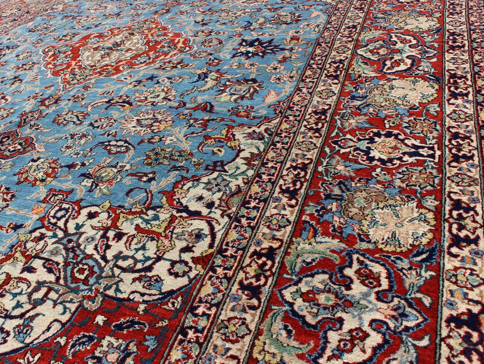 Hand-Knotted Very Fine Persian Isfahan Rug with Intricate Florals in Persian Blue & Red For Sale