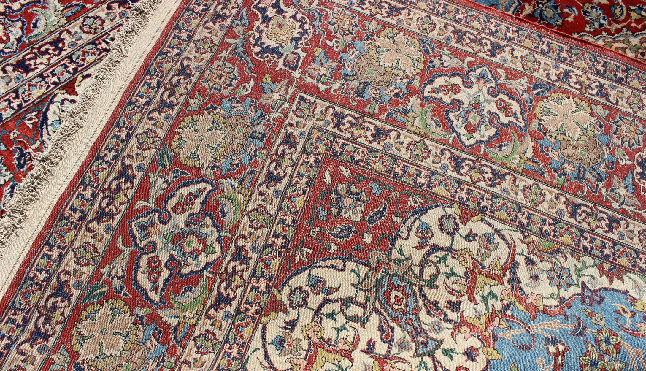 Mid-20th Century Very Fine Persian Isfahan Rug with Intricate Florals in Persian Blue & Red For Sale