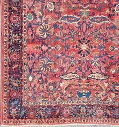 Large Antique Persian Sultanabad Rug with Large Palmettes in Rose Red and Blue