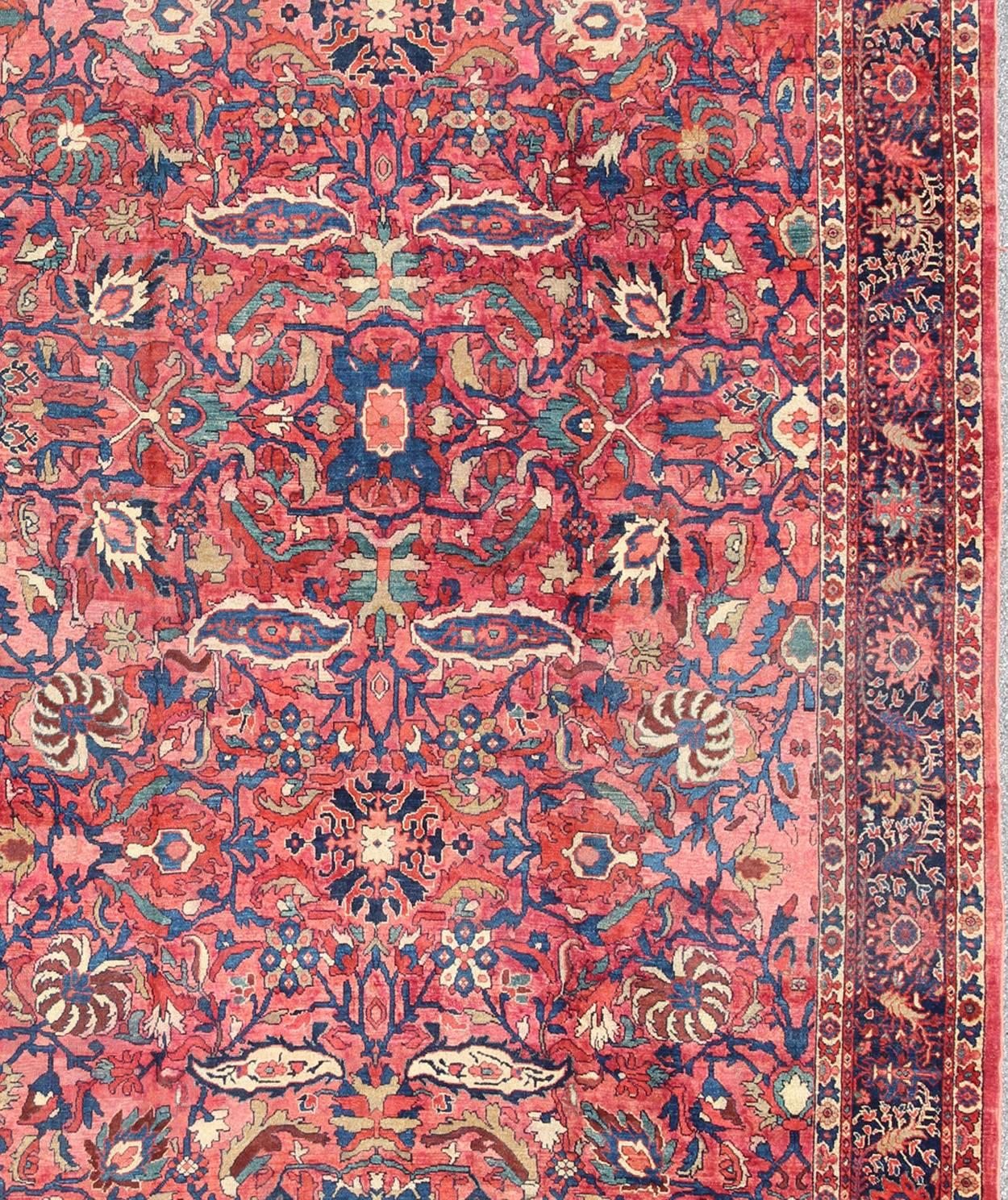Hand-Knotted Large Antique Persian Sultanabad Rug with Large Palmettes in Rose Red and Blue For Sale