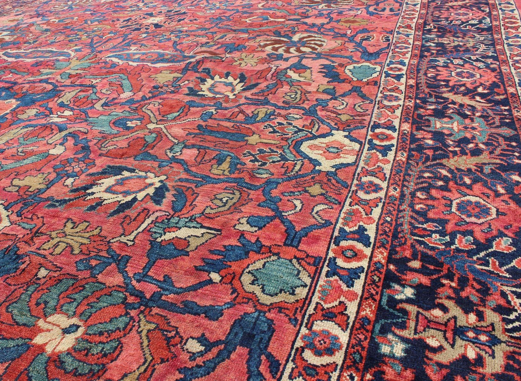 Large Antique Persian Sultanabad Rug with Large Palmettes in Rose Red and Blue In Good Condition For Sale In Atlanta, GA