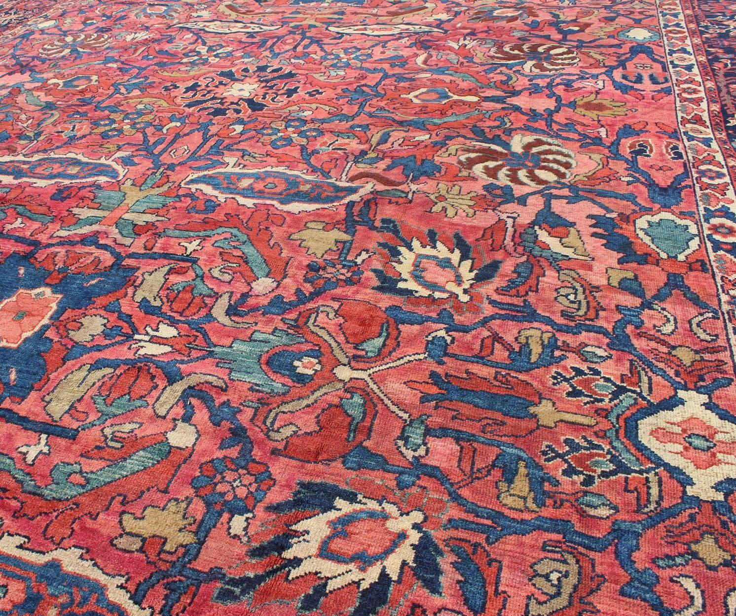 Early 20th Century Large Antique Persian Sultanabad Rug with Large Palmettes in Rose Red and Blue For Sale