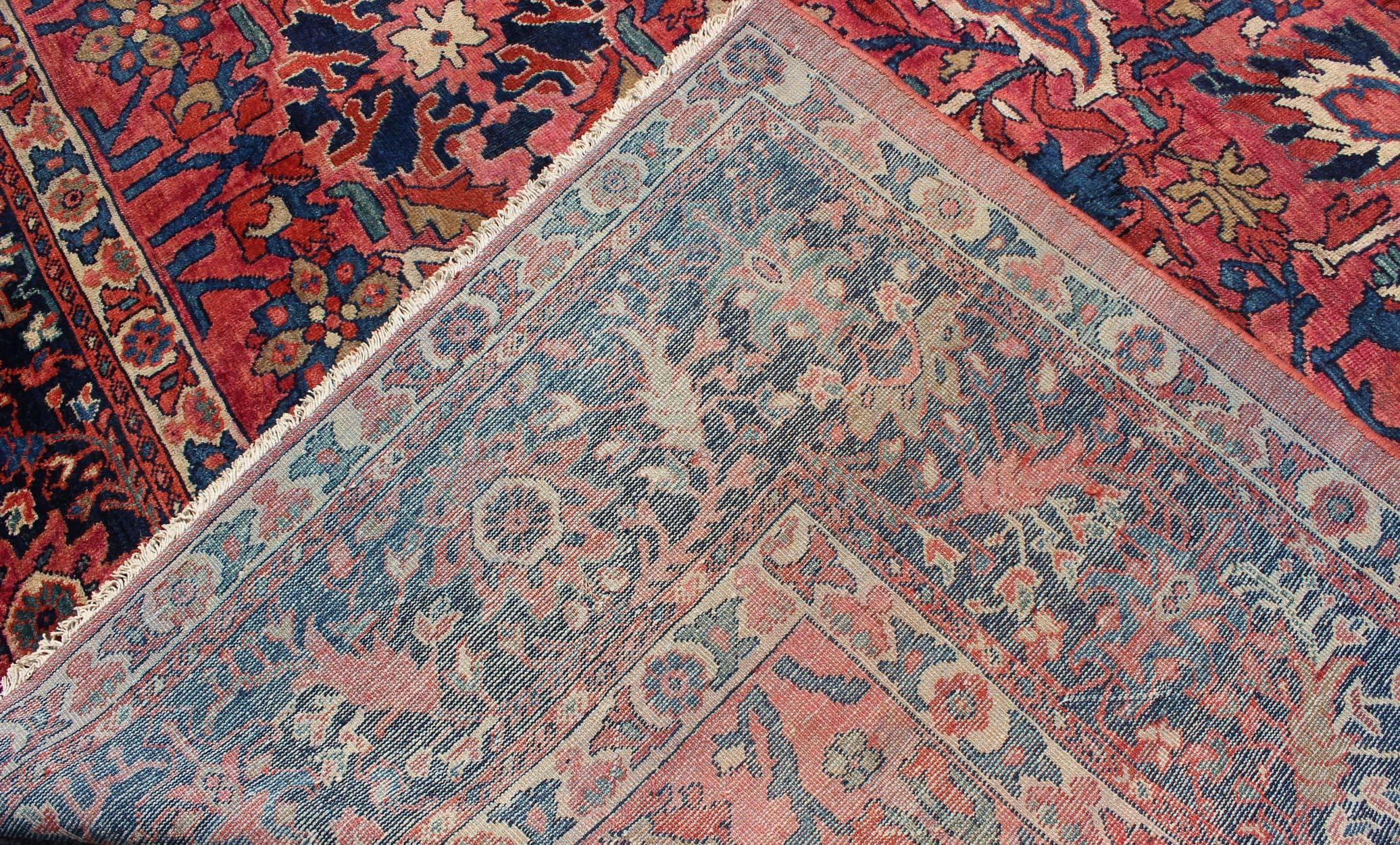 Wool Large Antique Persian Sultanabad Rug with Large Palmettes in Rose Red and Blue For Sale