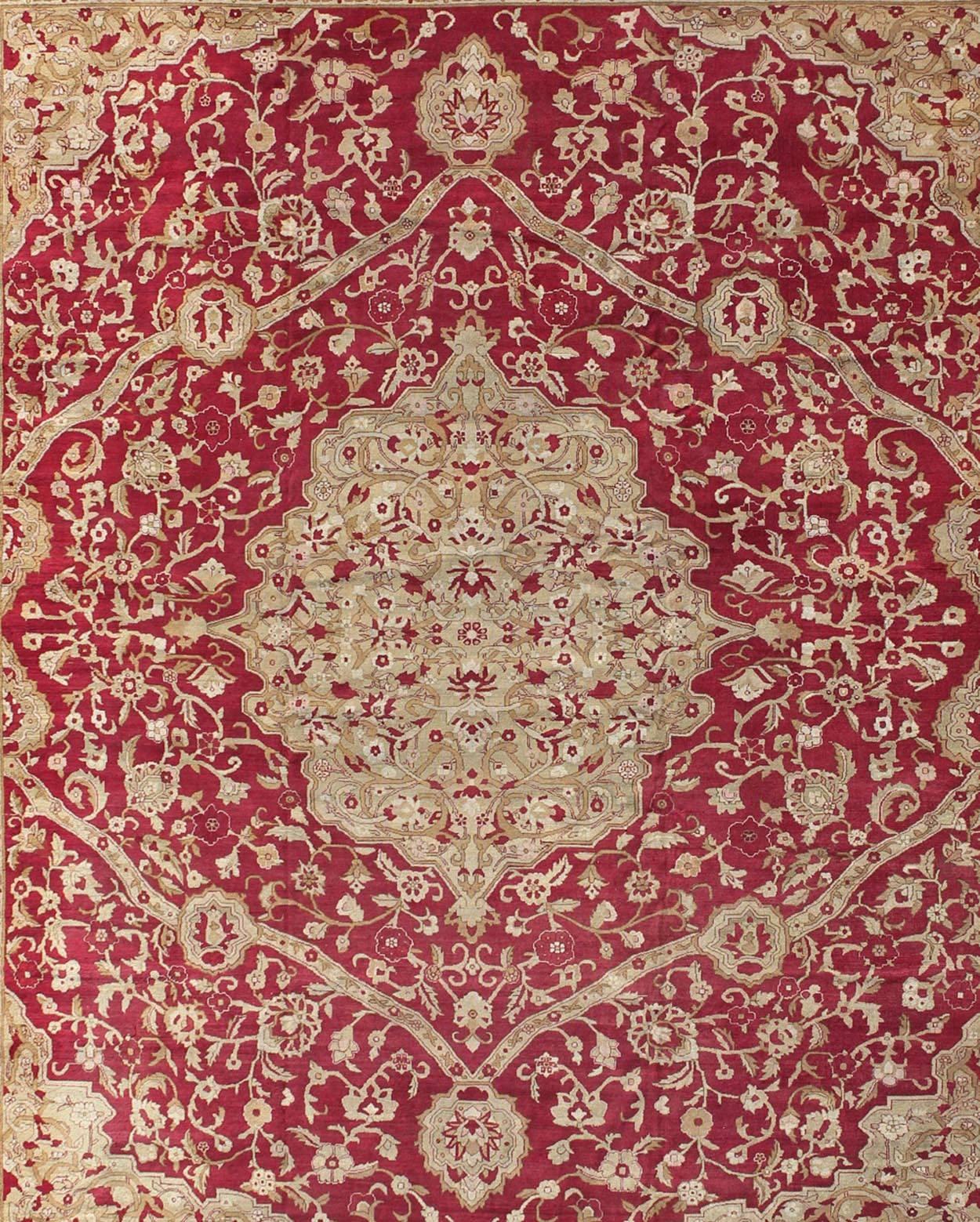 Indian Large Antique Agra Carpet with Floral Design in Red, Taupe and Light Green 
