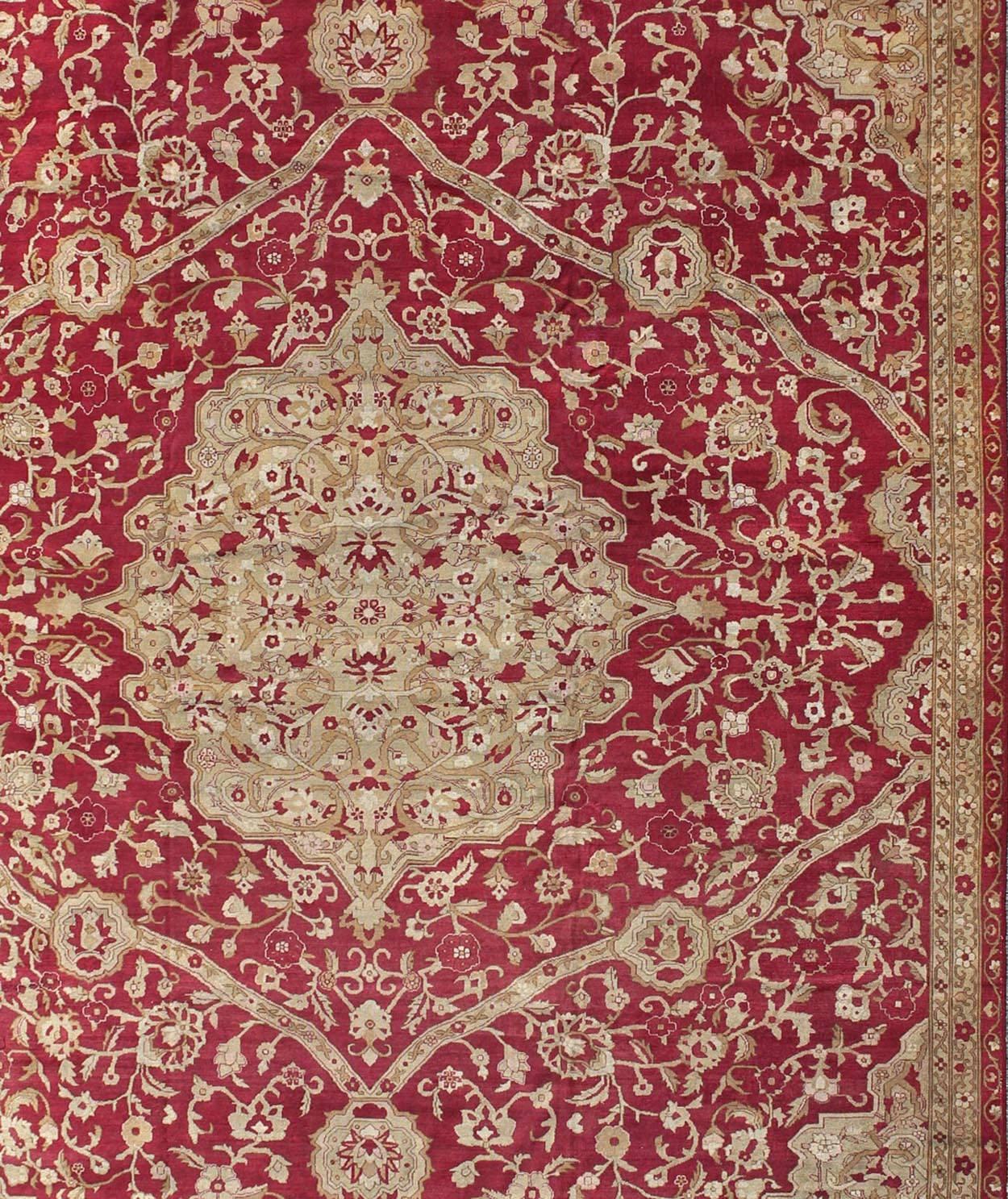 Hand-Knotted Large Antique Agra Carpet with Floral Design in Red, Taupe and Light Green 
