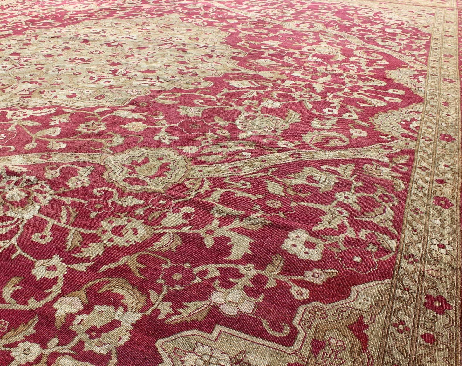 Large Antique Agra Carpet with Floral Design in Red, Taupe and Light Green  In Good Condition In Atlanta, GA
