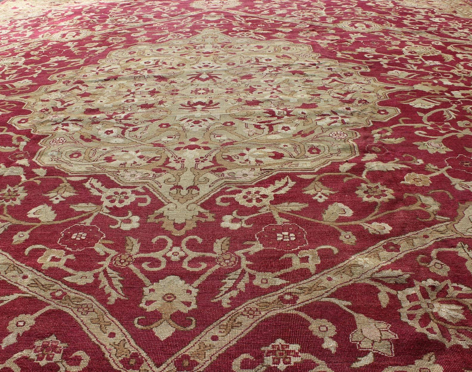 Late 19th Century Large Antique Agra Carpet with Floral Design in Red, Taupe and Light Green 