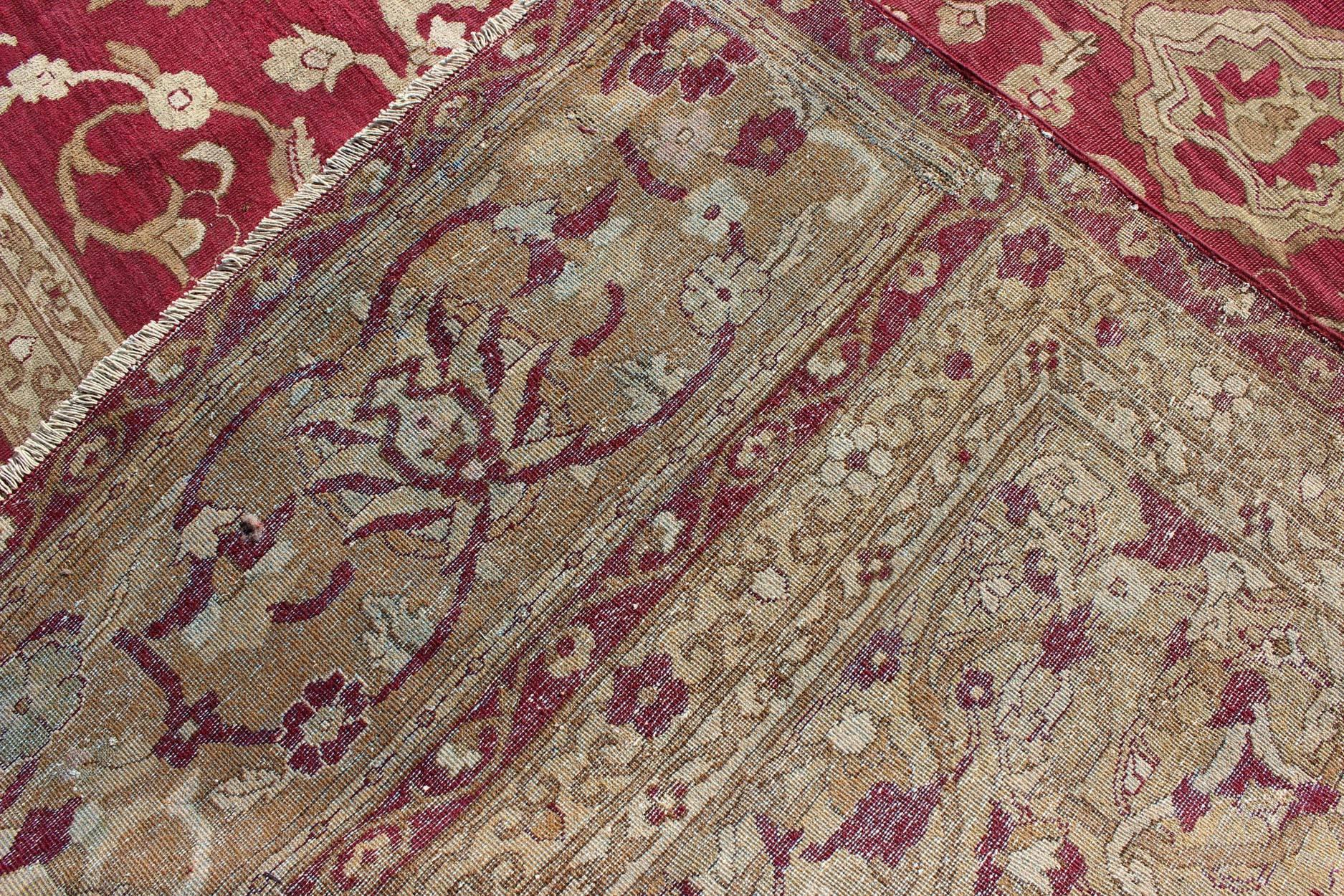 Wool Large Antique Agra Carpet with Floral Design in Red, Taupe and Light Green 