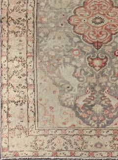 Antique Turkish Oushak Rug with Pale Sage Ground and Central Medallion in Red