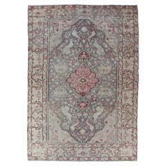 Antique Turkish Oushak Rug with Pale Sage Ground and Central Medallion in Red