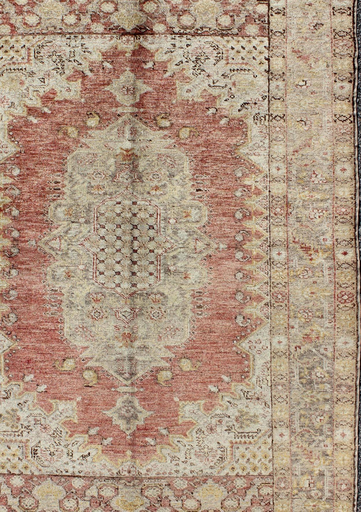 Oushak Antique Turkish Sevas Rug with Fine Weave in Cream, Sand and Red