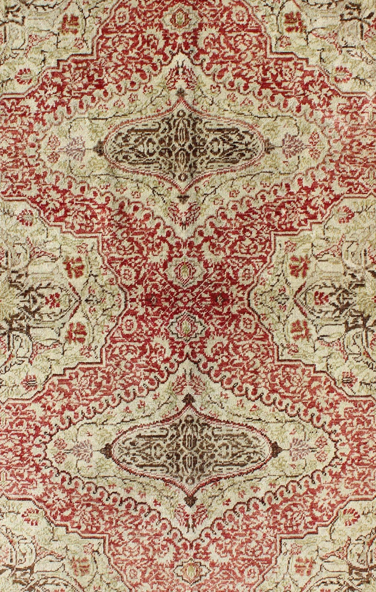 Oushak Fine Turkish Sivas Rug with Classic Medallion Design in Red, Ivory and Green For Sale