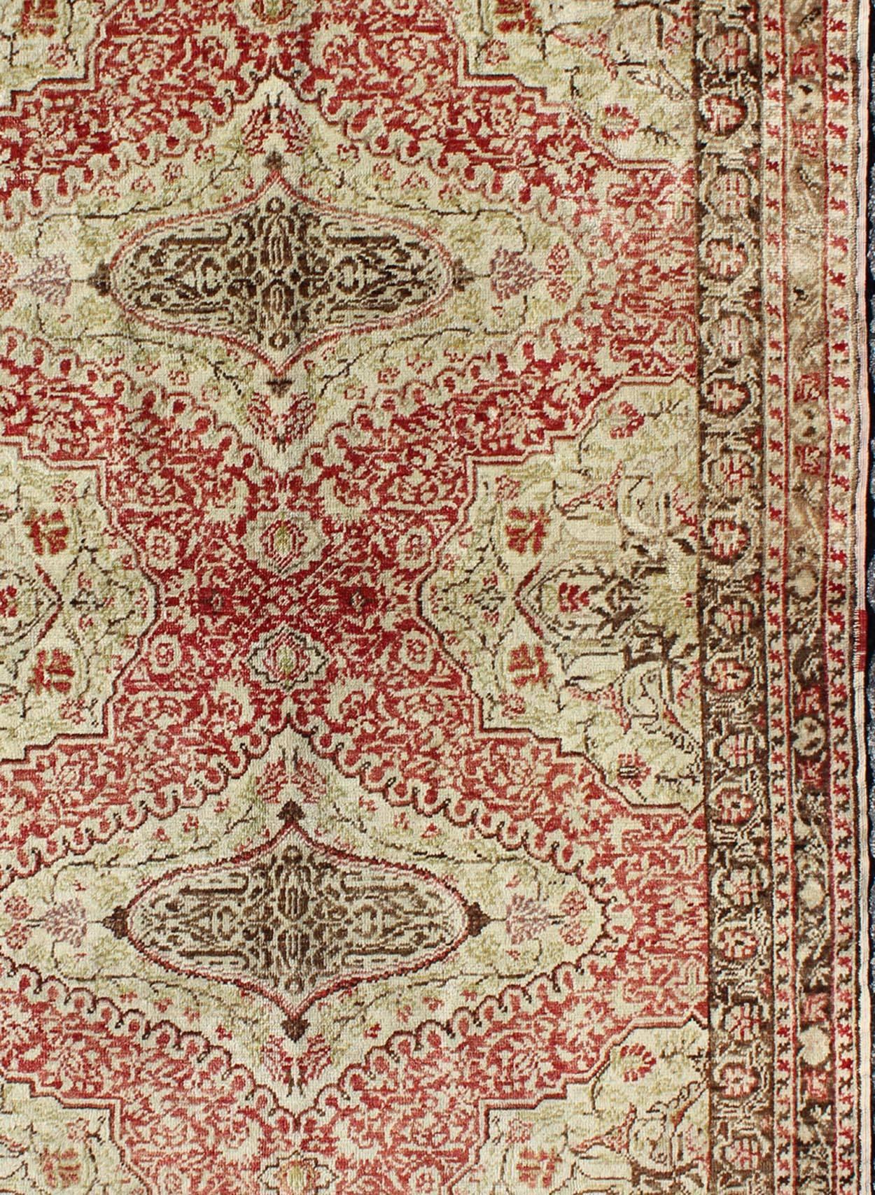 Hand-Knotted Fine Turkish Sivas Rug with Classic Medallion Design in Red, Ivory and Green For Sale