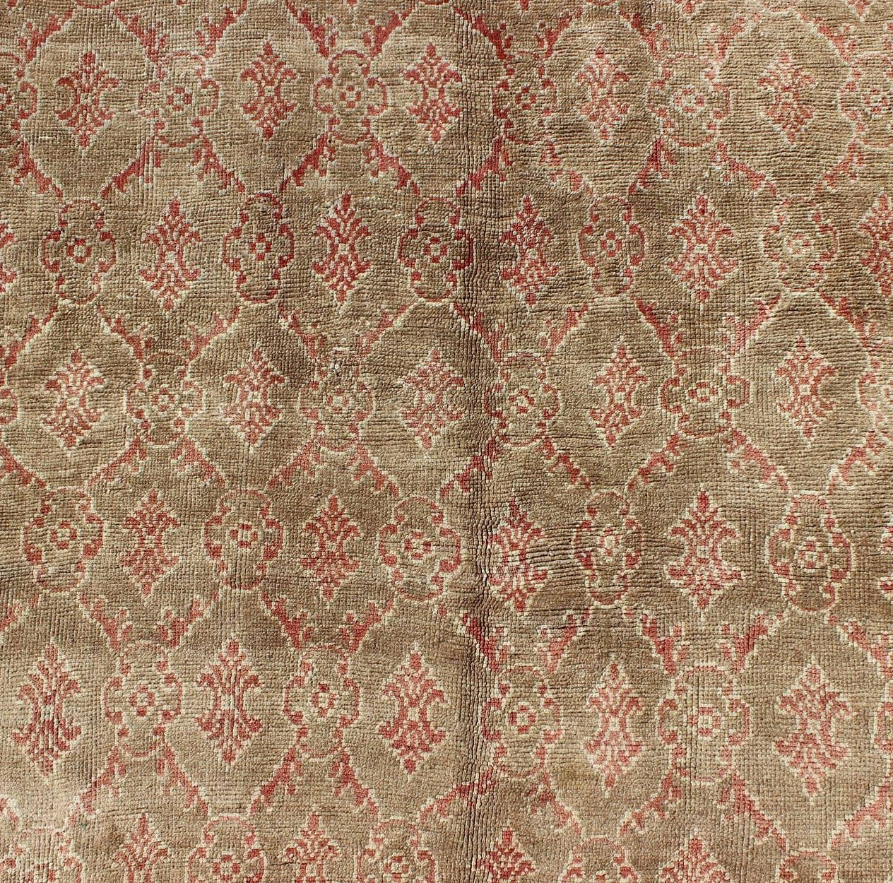 Hand-Knotted Turkish Tulu Rug with All-Over Repeating Design in Light Green, Red and Cream For Sale