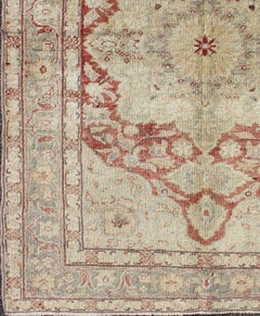 Fine Turkish Oushak Carpet with Center Medallion in Light Red and Cream