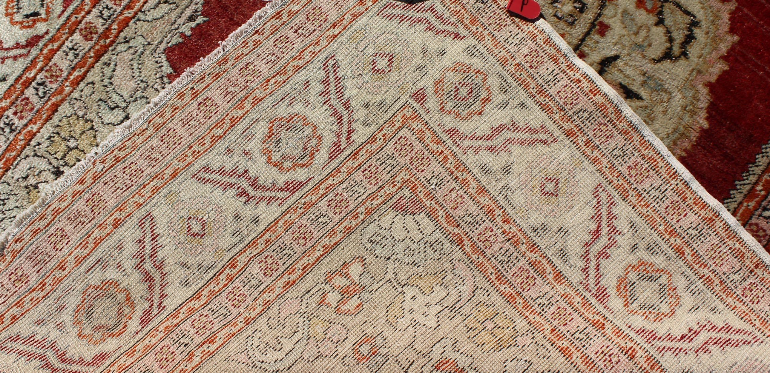 Early 20th Century Antique Oushak Rug with Floral Medallion in Light Green, Ivory, Taupe & Red For Sale