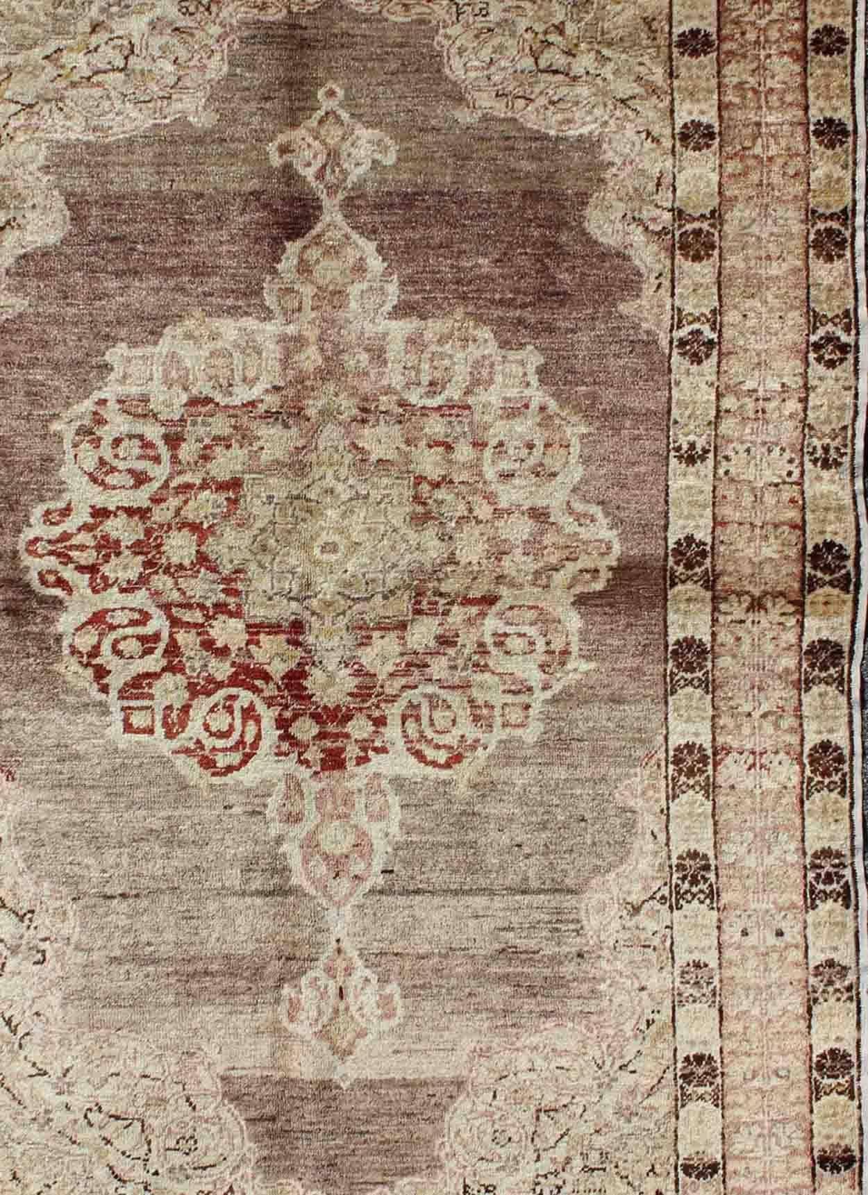 Hand-Knotted Vintage Oushak Rug with Center Medallion in Aubergine  For Sale